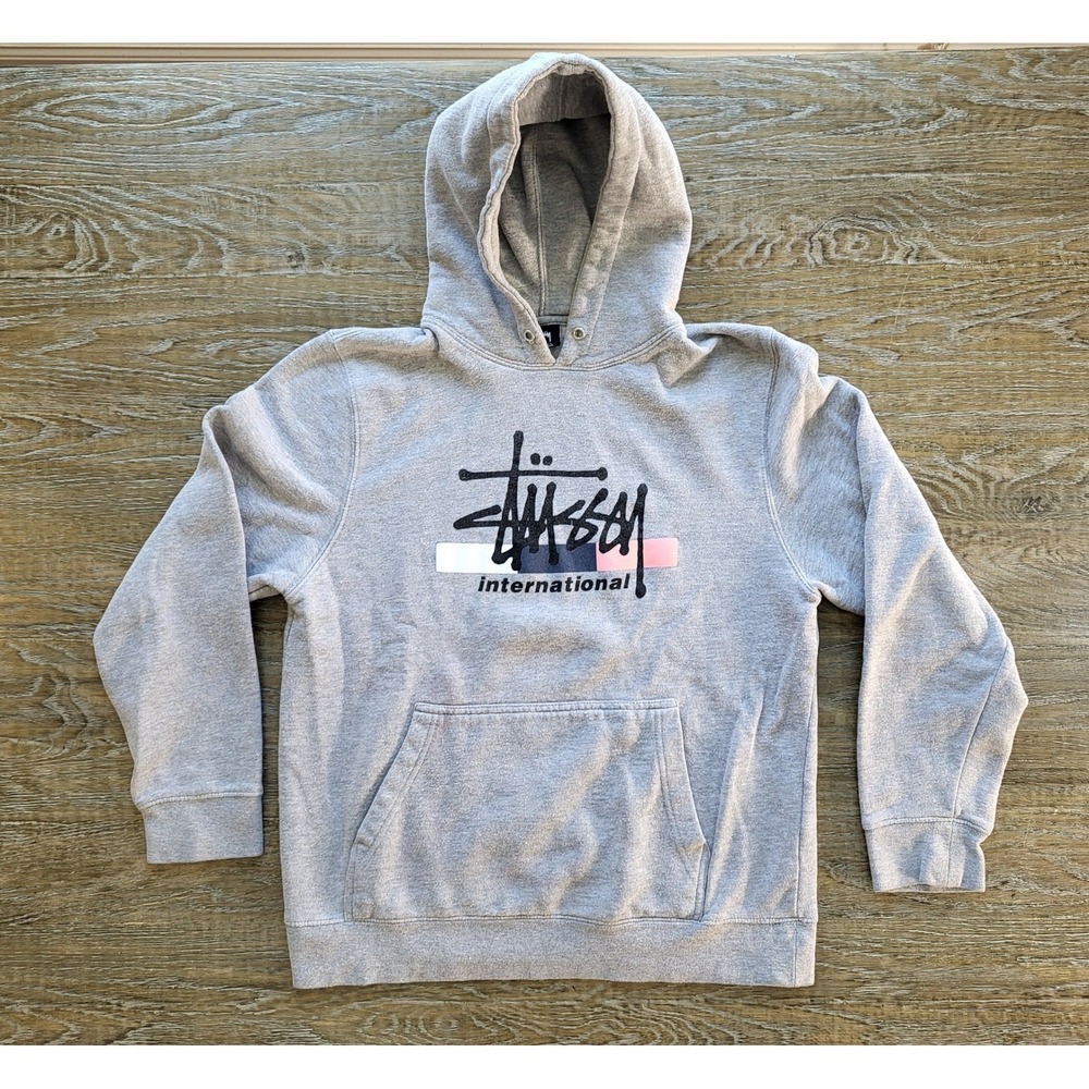 Stussy International Hoodie Heather Gray Scribble Logo Graphic Sweatshirt Small